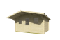 Preview: Garten Blockhaus Modell Clara 28 mit 1,30 m Vordach. Das Blockhaus ist ideal geeignet für Ihre Gartenparty.