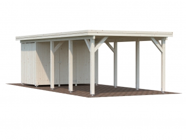 Carport Karl 23,1 m² in farblos imprägniert, mit Geräteraum.