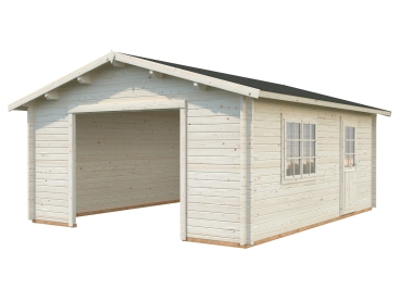 Die Holzgarage Roger 23,9m² aus 44 mm Blockbohlen mit Seitentür und Doppelfenster erhalten Sie auch mit Doppeltor.