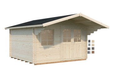 Premium Gartenhaus Sally 44 ISO mit Doppeltür und Fenster in der Front sowie 1,50 m Vordach nachträglich farbig behandelt.