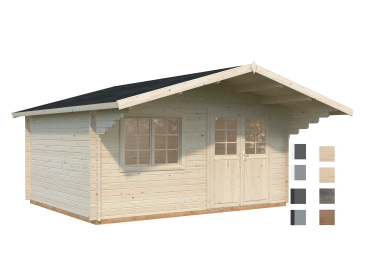 Gartenhaus Sally 44 ISO mit Doppeltür und Fenster in der Front sowie 1,50 m Vordach nachträglich farbig behandelt.