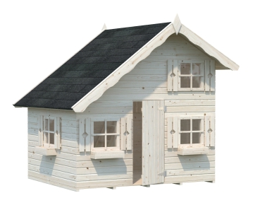 Das Spielhaus Tom auf zwei Etagen farbig behandelt mit Blumenkästen und Fensterläden.