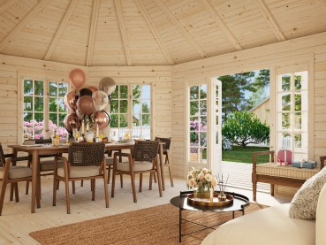 Preview: Palmako 8-Eck Gartenhaus Hanna aus 44 mm starken Blockbohlen mit Nut und Feder.