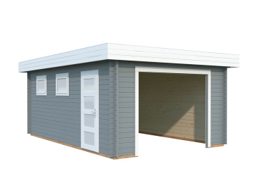 Der Bausatz der Palmako Garage aus Holz Rasmus 19m² in hellgrau / weiß
