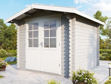 Gartenhaus Gerätehaus Bibertal mit Doppeltür und mit Holzschutzlasur farbig behandelt.
