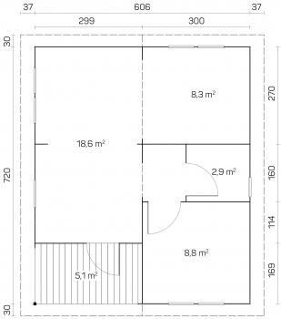 Grundriss 3-Raum Blockhaus Arlanzon A mit Terrasse.