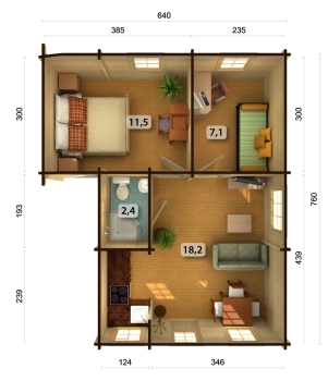 Grundmaße Blockhaus Emily 39,2m².