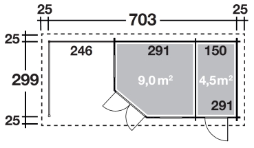 Grundriss 5-Eck Gartenhaus Maja mit Abstellraum und Terrasse in der Größe 7,23 x 3,19 m.