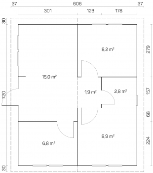 Preview: Grundriss vom geräumigen Blockhaus Maria 58 mit Isolierverglasung.