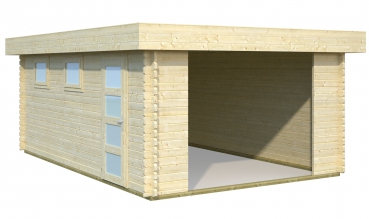 Garage aus Holz Novel 44 mit Flachdach und Seitentür und zwei Fenstern mit Milchglas.