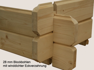 Holz Geräteschuppen aus 28 mm Blockbohlen.