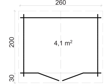 Grundriss Gerätehaus Carol 28 mit Schrägdach und Doppeltür in der Größe 2,60 x 2,00 m als unbehandelter Bausatz.