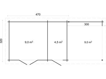 Grundriss Gartenhaus Oriental 40-D 4 in der Gesamtgröße 7,70 x 3,20 m.