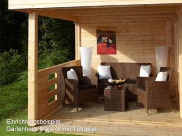 Einrichtungsbeispiel der Terrasse vom Gartenhaus Maja 40