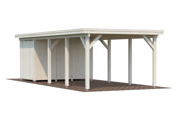 Carport Karl 23,1 m² in farblos imprägniert, mit Geräteraum.