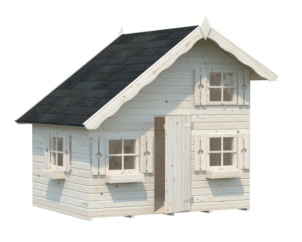 Das Spielhaus Tom auf zwei Etagen farbig behandelt mit Blumenkästen und Fensterläden.