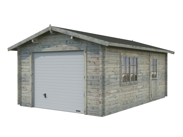 Holzgarage Roger 19 m² in grau imprägniert, hier mit Sektionaltor abgebildet..