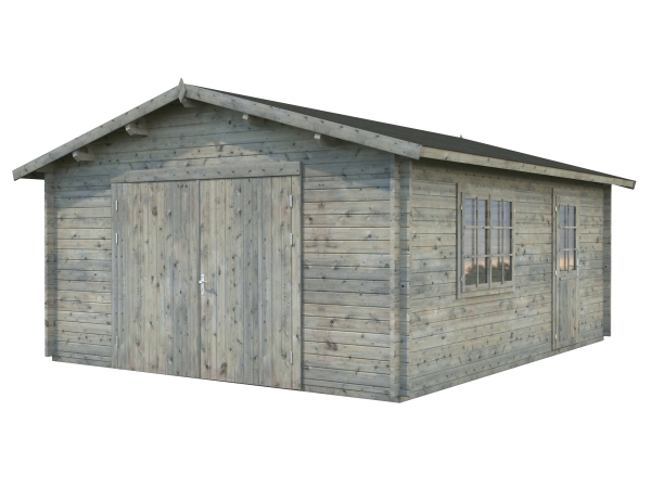 Holzgarage Roger 23,9m² un grau imprägniert und Holztor.