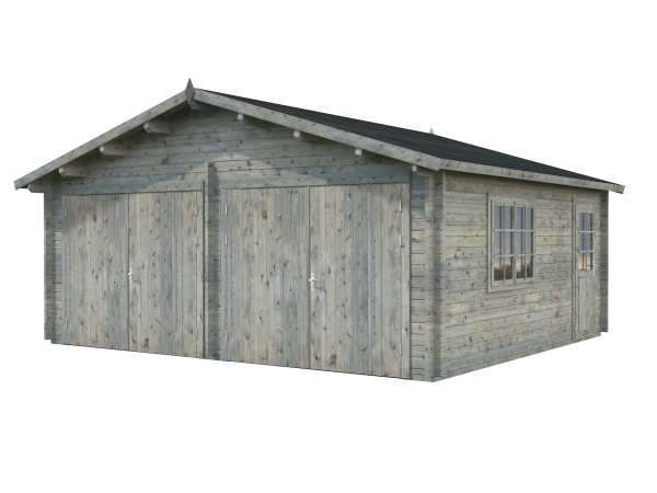 Holzgarage Roger 28,4m² mit Holztoren in grau imprägniert.