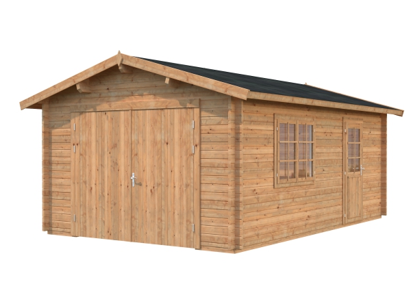 Holzgarage Roger 19 m² in braun imprägniert, hier mit Holztor abgebildet..