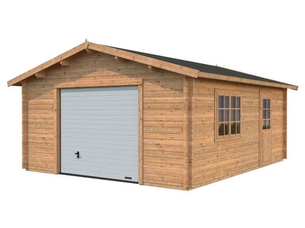Holzgarage Roger 23,9m² in braun imprägniert, hier mit Sektionaltor.
