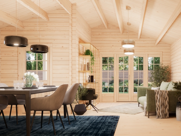 Palmako Gartenhaus Irene 21,9 + 5,2m², Einrichtungsbeispiel.