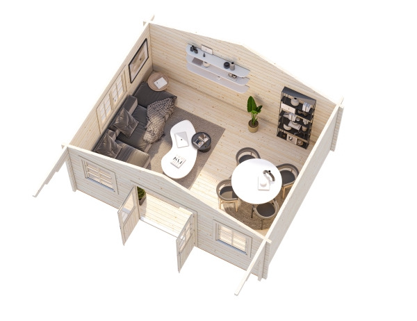 Gartenhaus Helena 18,6m² mit 70 mm Blockbohlen und Tür und Fenster mit Isolierverglasung.