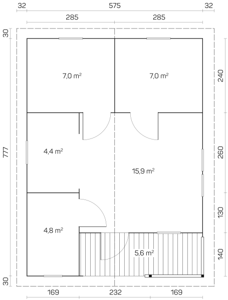 Grundriss Blockhaus Almeria 58-A mit Isolierverglasung.