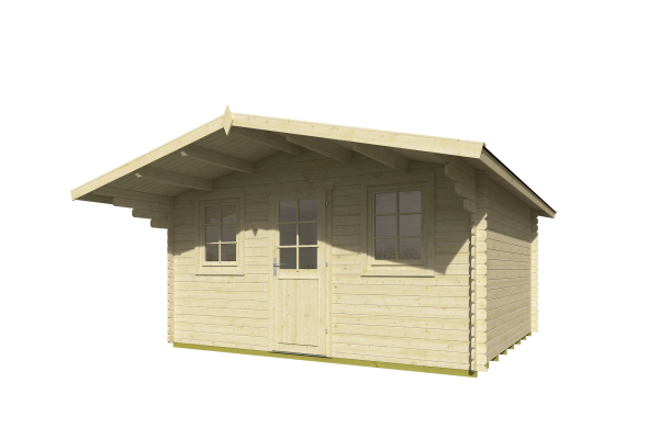 Garten Blockhaus Modell Clara 28 mit 1,30 m Vordach. Das Blockhaus ist ideal geeignet für Ihre Gartenparty.