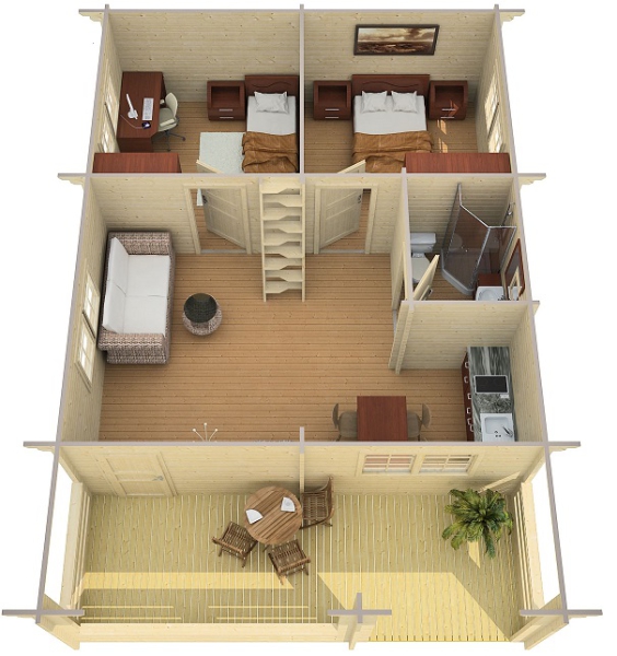 Blockhaus Europa 70 mit großem Wohnzimmer und zwei Schlafzimmern sowie Schlafboden.