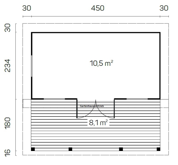 Grundriss Modell Stufendach Gartenhaus 70 mit Küche.