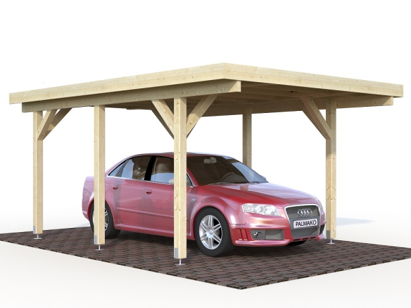 Premium Flachdach Einzelcarport Karl 1 in der Größe 3,60 x 5,12 mit Leimholzpfosten 12 x 12 cm.