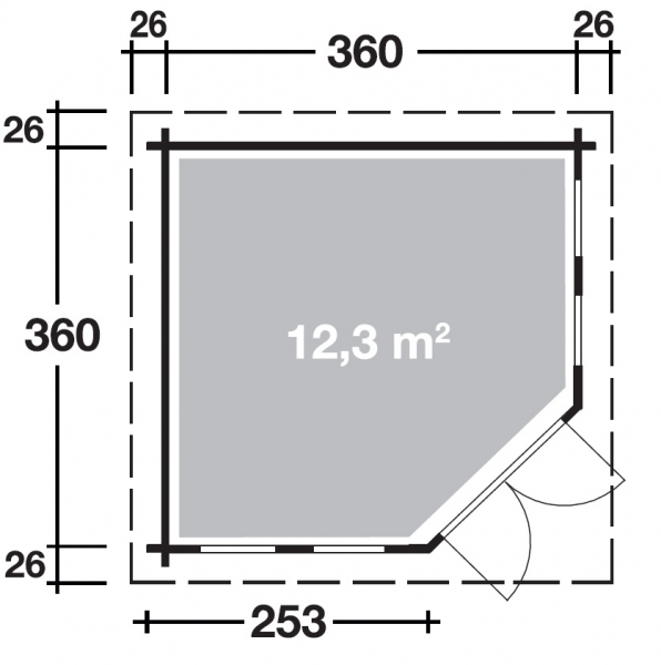 Grundriss 5-Eck Gartenhaus Katrin 44-B ISO von Wolff Finnhaus in der Größe 3,80 x 3,80 m.