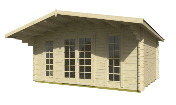 Großes Gartenhaus Modell Kerstin 40 mit Doppeltür, zwei Panoramafenstern und großem Vordach.
