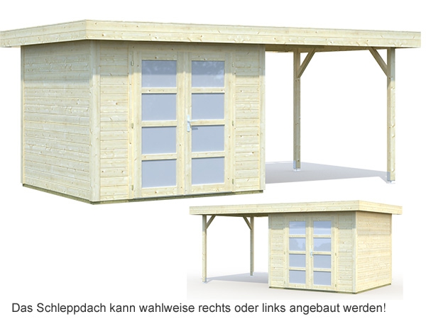 Das Schleppdach kann links oder rechts angebaut werden.