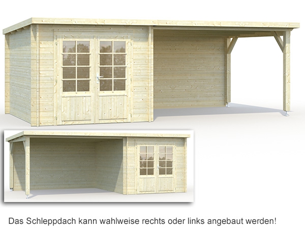 Das Schleppdach vom Gartenhaus Marseille 1 VK 3,0 kann rechts oder links angebaut werden.