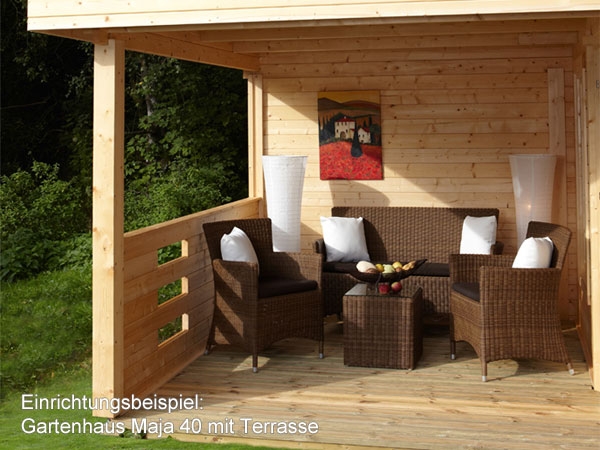 Einrichtungsbeispiel der Terrasse vom Gartenhaus Maja 40