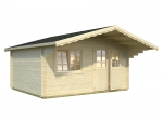 Gartenhaus Sally 44 ISO mit Doppeltür und Fenster in der Front sowie 1,50 m Vordach nachträglich farbig behandelt.